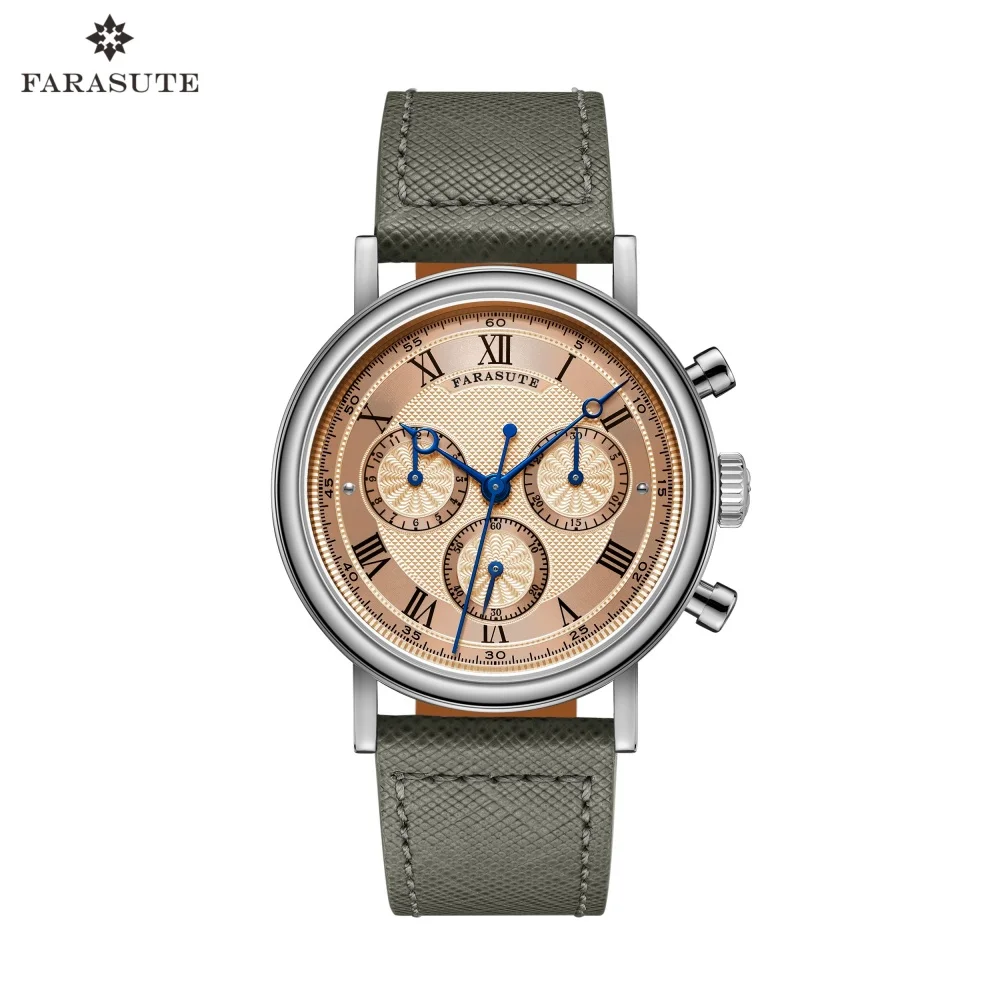 

FARASUTE Men Automatic Watch Retro Chronograph Mechanical Watch Sapphire Stainless Steel Three Window Waterproof Peacock 4801