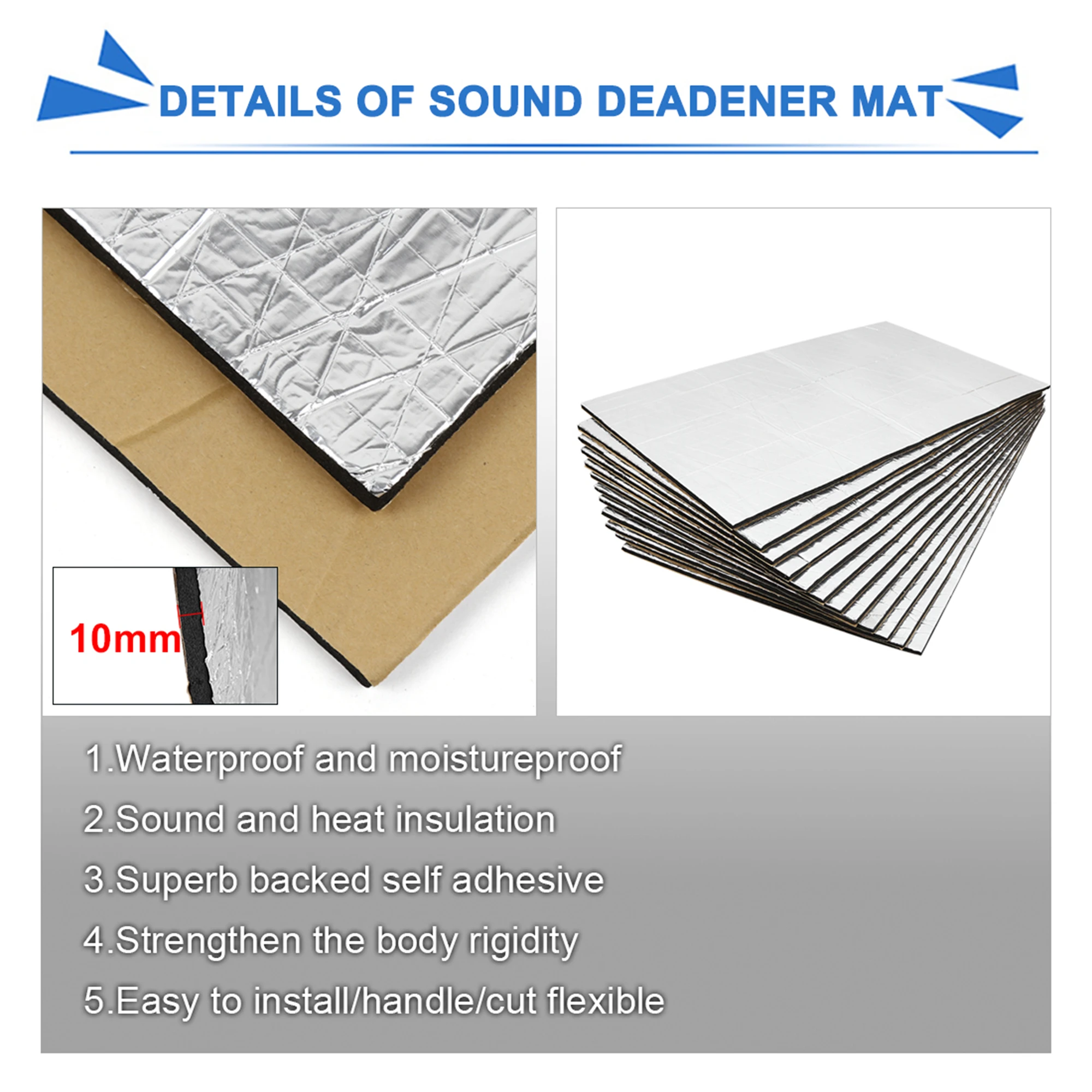 Uxcell 50x30cm Car Sound Insulation Mat 10mm Door Hood Engine Thermal Sound Deadening sheet With Free Gift Installer Tool