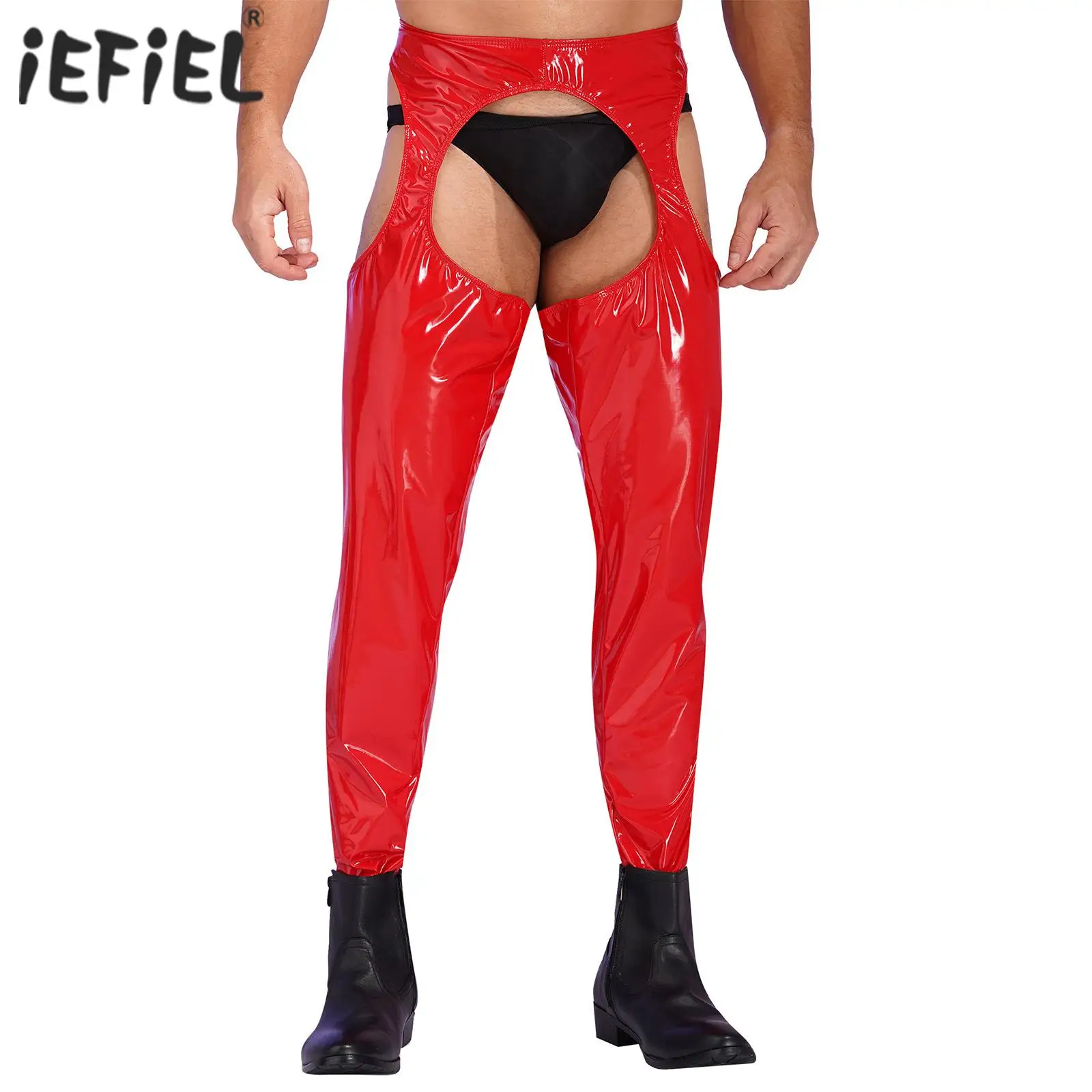 Lingerie Mens Open Crotch Patent Leather Skinny Pants Wet Look High Waist Cutout Leggings Crotchless Open Butt Leggings Clubwear