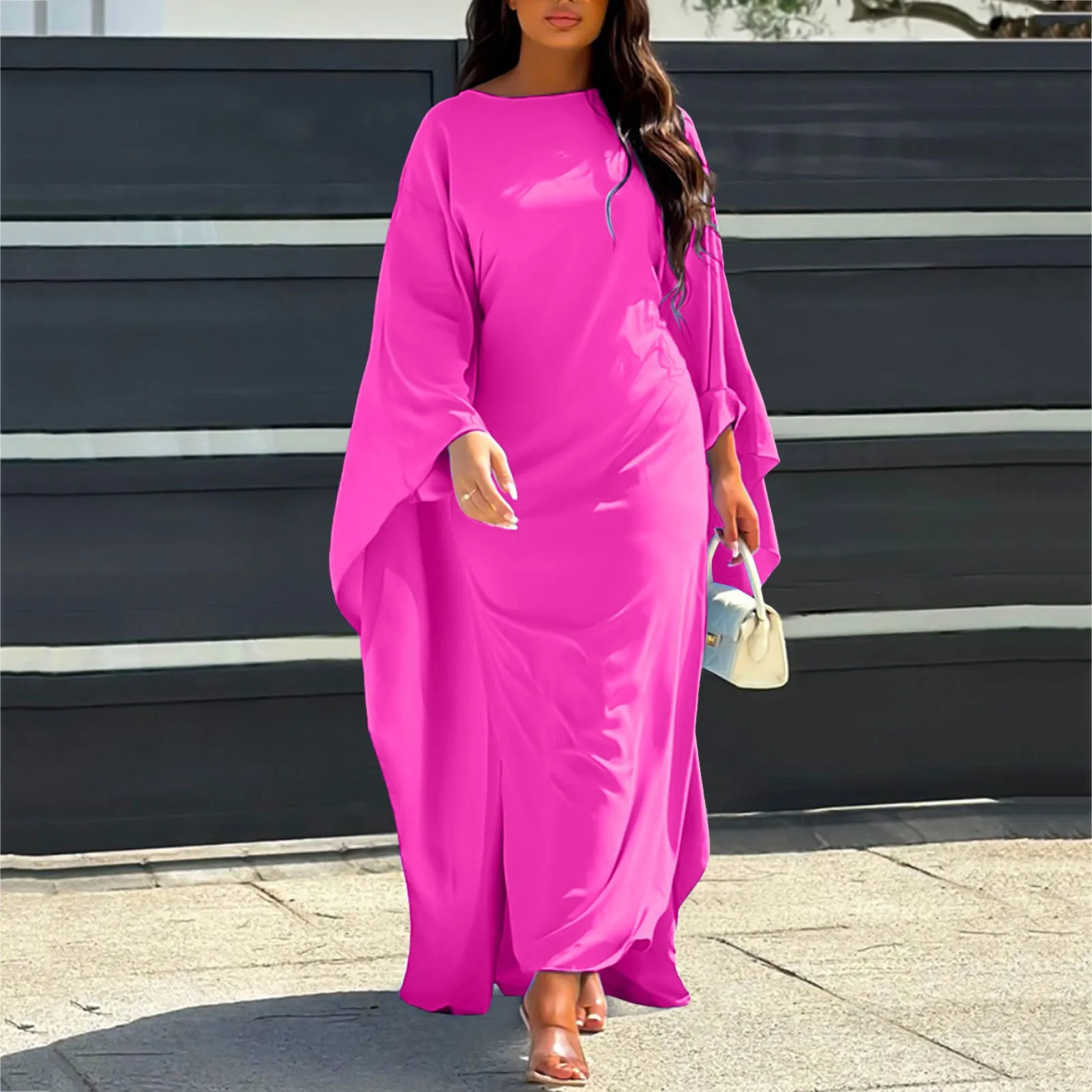 Herfst Mode Satijnen Feestjurk Gewaad Abaya Moslim Vrouwen Elegante Effen Ronde Hals Vleermuis Mouwen Losse Maxi Jurk Vrouwen