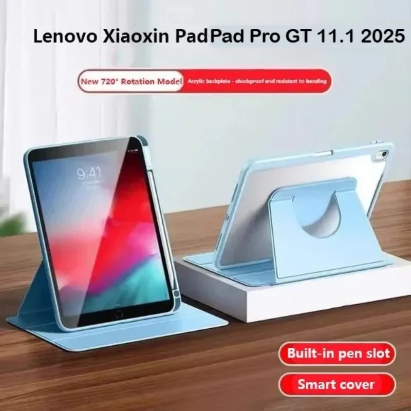 

360 ° Вращающийся прозрачный акриловый чехол для нового Lenovo Xiaoxin Pad Pro GT 11,1 2025, держатель из искусственной кожи, противоударный защитный чехол для планшета