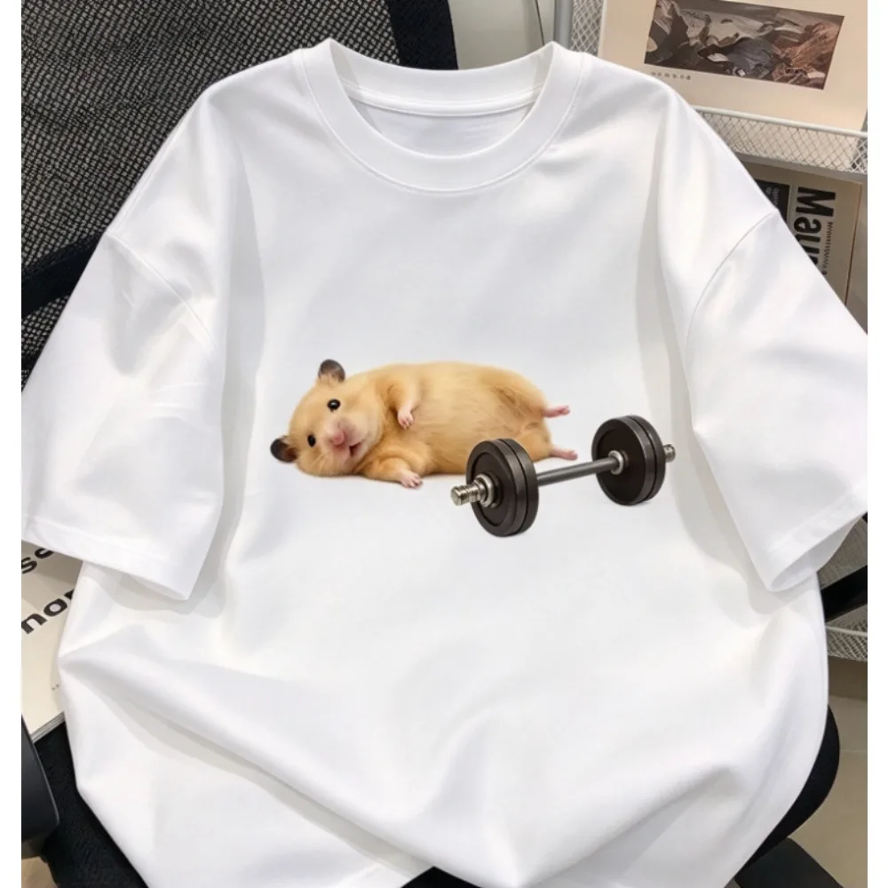 Funny Hamster Weightlifting Meme T-Shirt Gym Humor Graphic Women Tees Summer Short Sleeve Casual Streetwear Trendy Fashion Tops