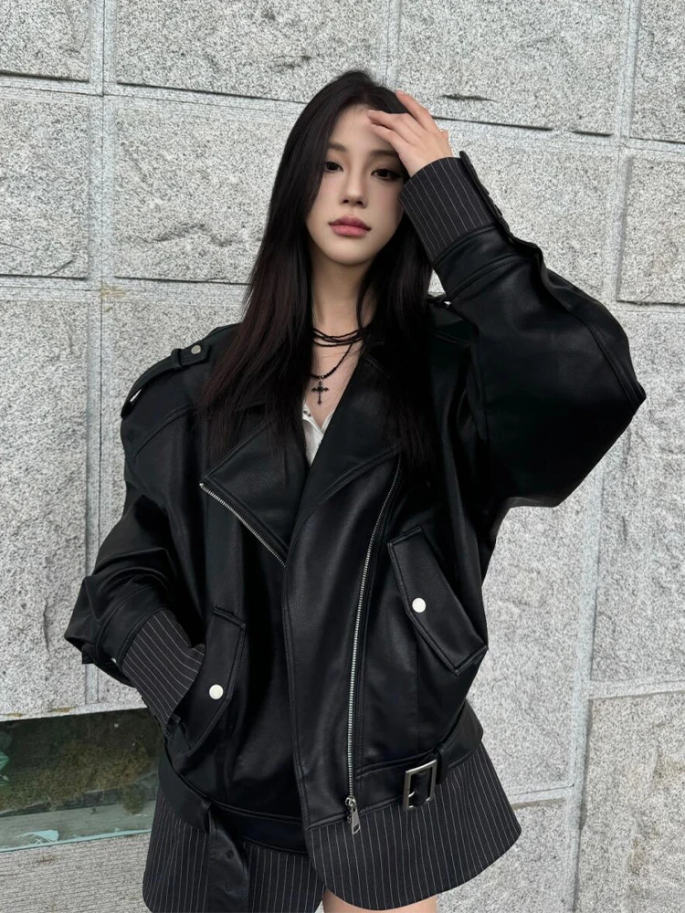 

American Sle Streetwear Leather Jaet Women's Autumn Winter New Sle Windproof Bla Motorcycle Casual Loose High-End Top