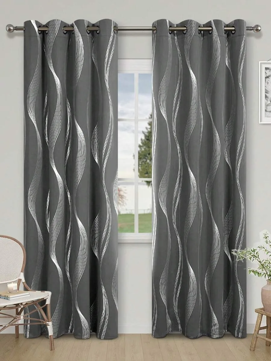 1pc Silver Pressed Wave Design Decorative Curtain, Energy Saving & Uv Protection, Suitable For Living Room, Bedroom