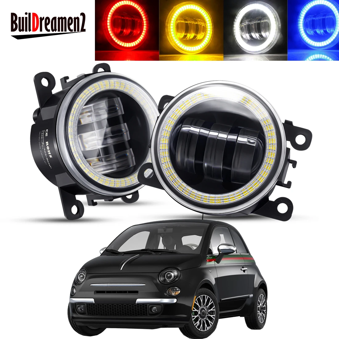 2 X Angel Eye Fog Light Assembly For Fiat 500 2012-2015 (Not Fit Abarth) Car LED Lens DRL Fog Driving Lamp 30W 6000LM 12V