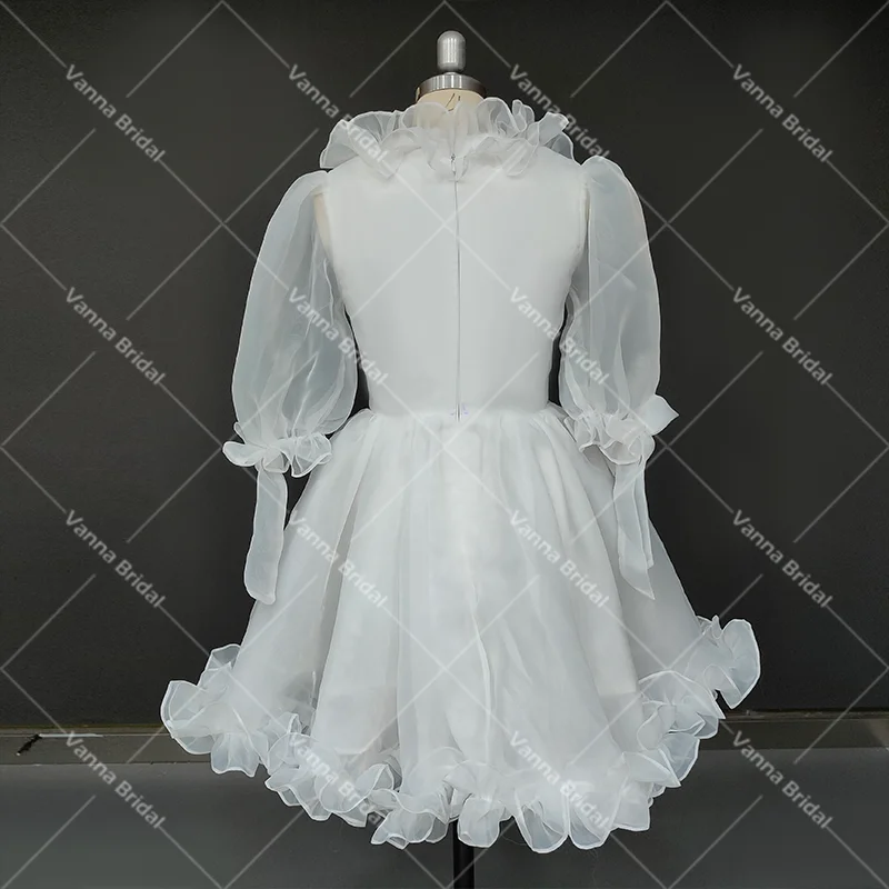 Mini organza inchado vestido v pescoço babados meia lanterna mangas vestidos de noiva arco anjo pricess acima do joelho fotos reais vestido de casamento