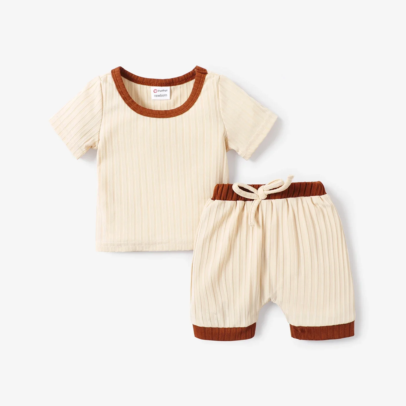 PatPat 2pcs Baby Boy/Girl Solid Ribbed Short-sleeve Tee and Shorts Set Perfect for Outings and Daily Wear Basic Style