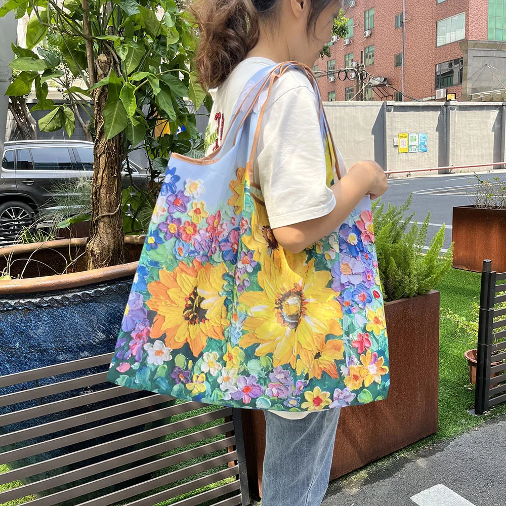Oil Painting Printing Portable Folding Shopping Bag Storage Bag Environmentally Friendly Bag Large Capacity Tote Bag