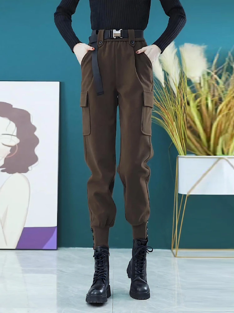 High Waist Fleece Lined Woolen Work Trousers for Women Loose Autumn Winter New Style Harlan Pants Match  Boots Cuffed T...