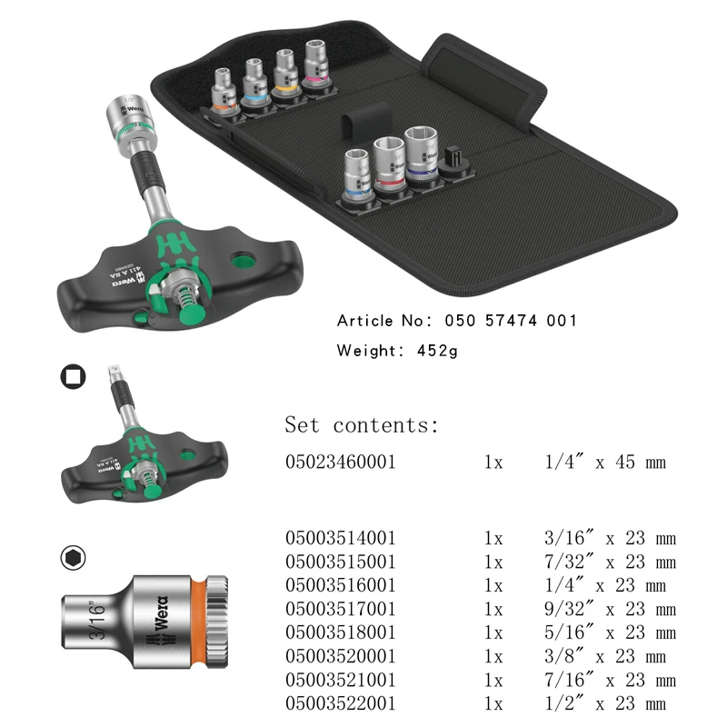 WERA 05057474001 9 Pcs T-Type Handle Bit Holder Socket Ratchet Wrench Set 1/4\