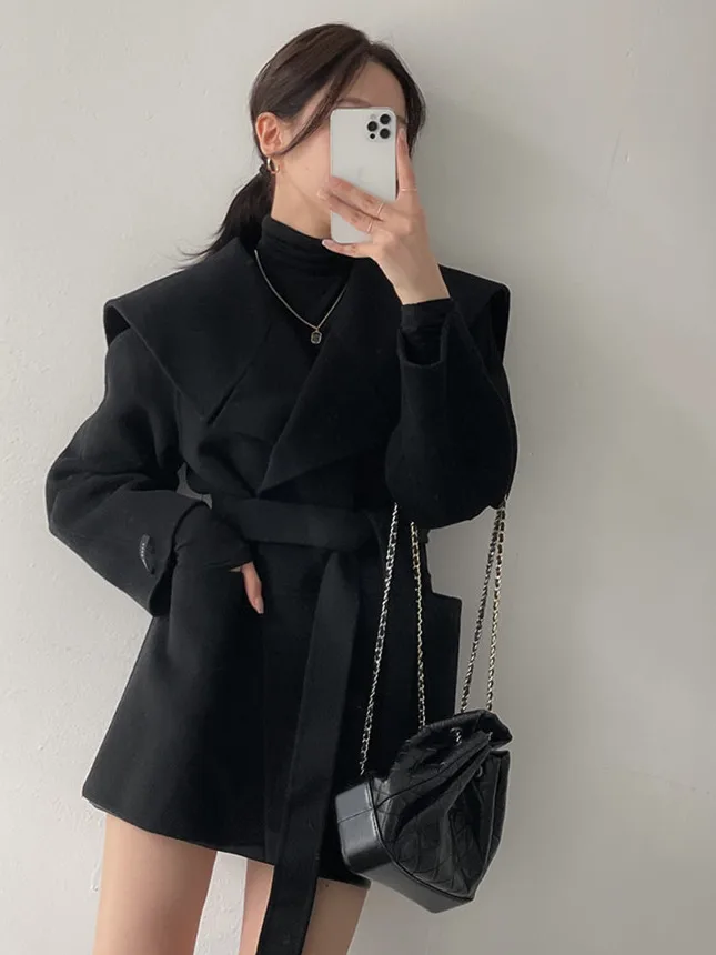 Mantel Wol Musim Gugur Musim Dingin Wanita Modis Elegan Kerah Besar Ukuran Kecil Rompi Berikat Pinggang Kerah Biru Dongker Dasi Mantel Dr