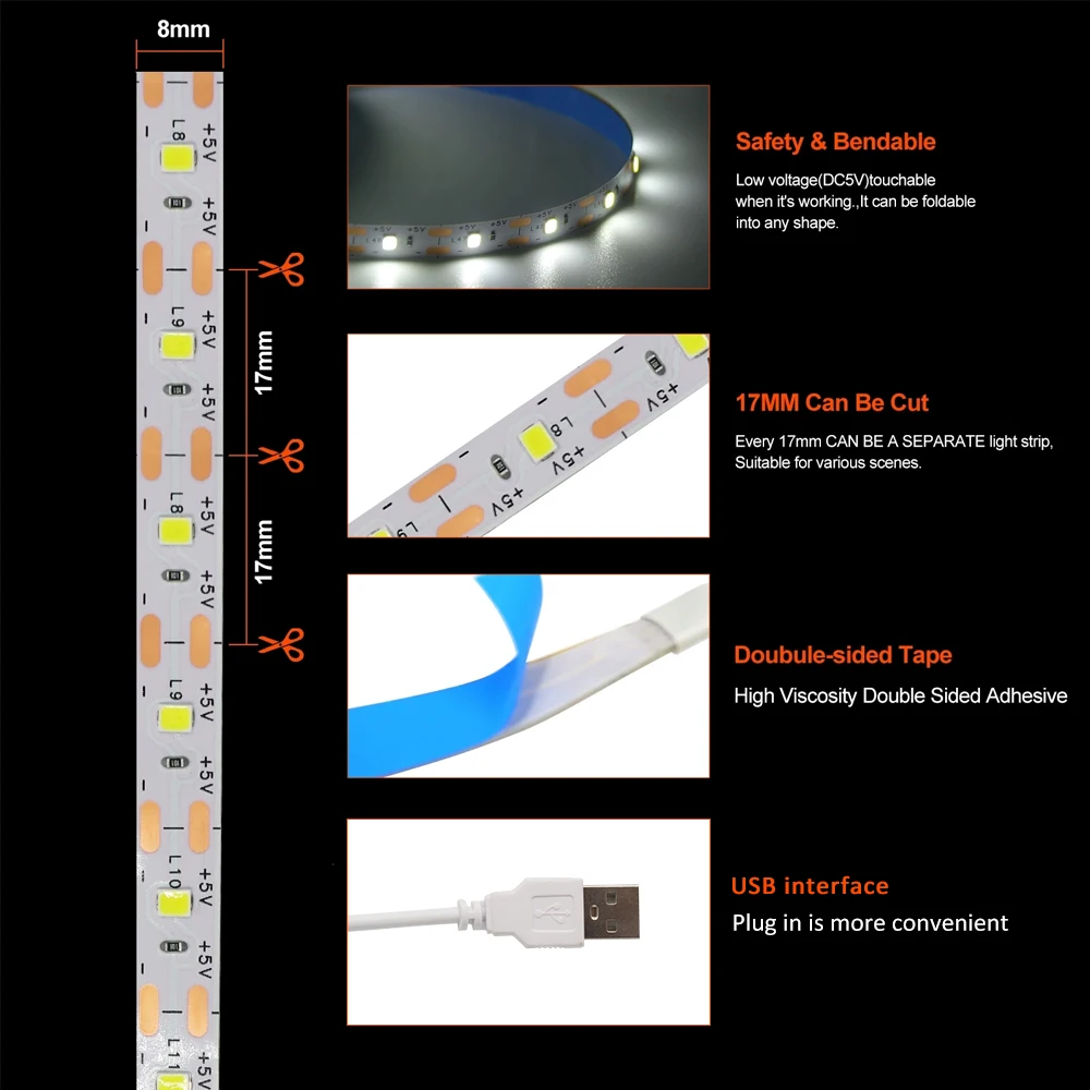 5V Black USB LED Strip Light SMD 2835 Warm White Red Yellow Blue Flexible Lighting Ribbon TV Background Tape Home Decor Lamp image 3