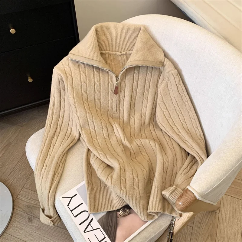 Otoño señoras suéter de manga larga chaqueta coreana mujer jersey de punto Jumper 2025 mujeres moda media cremallera Tops de punto