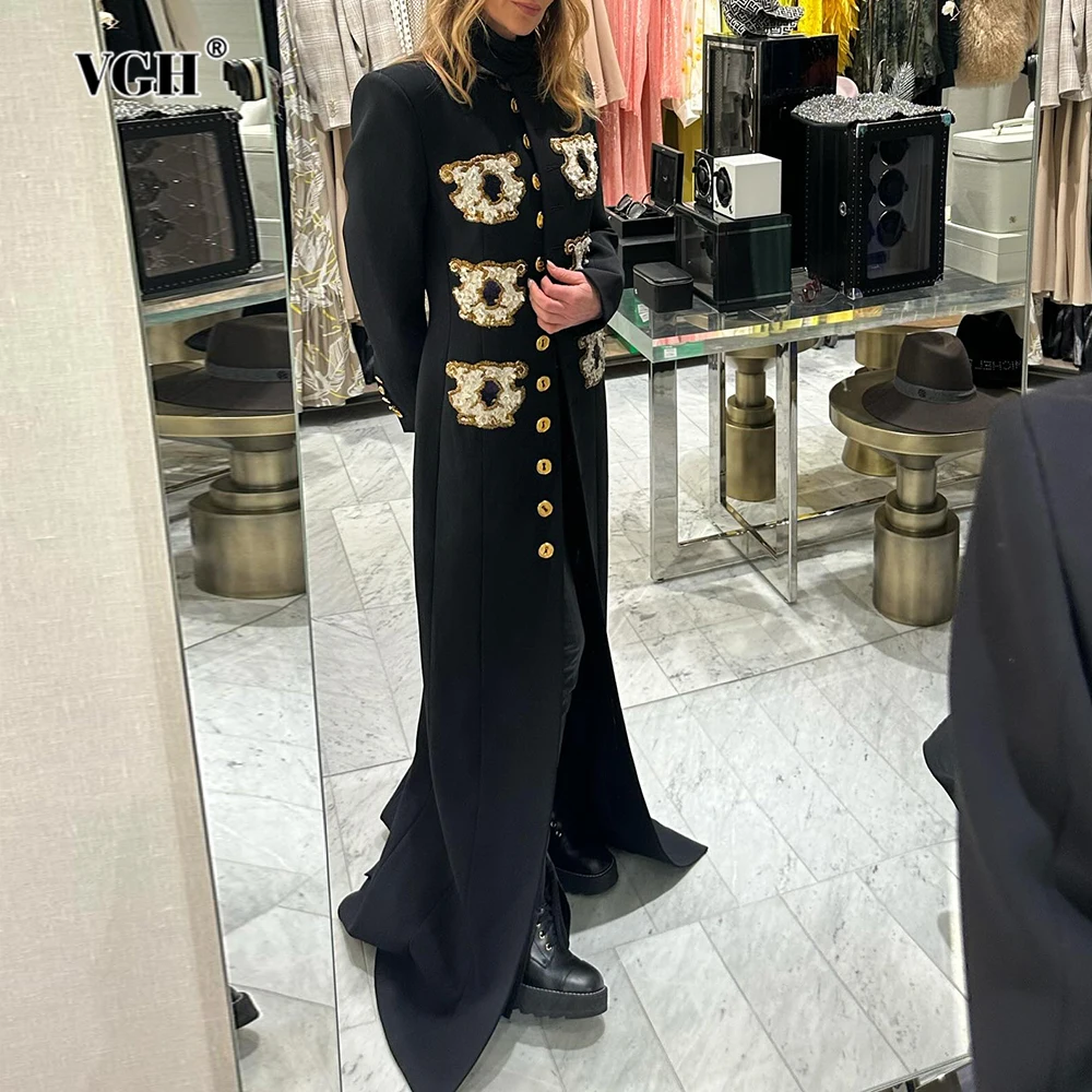 

VGH Elegant Spliced White Flower Embroidery Dress for Women O Neck Long Sleeve High Waist Patchwork Button Slim Dresses Female