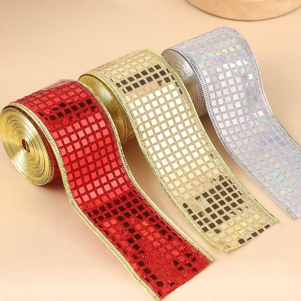 5yards/Roll 5cm Width Shiny Checkered Sequin Polyester Ribbon For Christmas Gift Wrapping Diy Packing Party Decoration