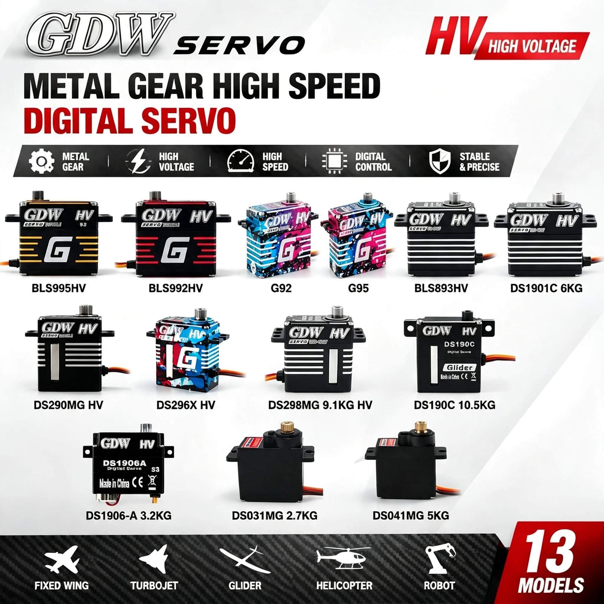 GDW Servo BLS992HV BLS995HV DS1906-A DS041MG DS1901C G92 G95 High Speed Digital Servo HV for RC Fixed Wing Turbojet Glider Plane
