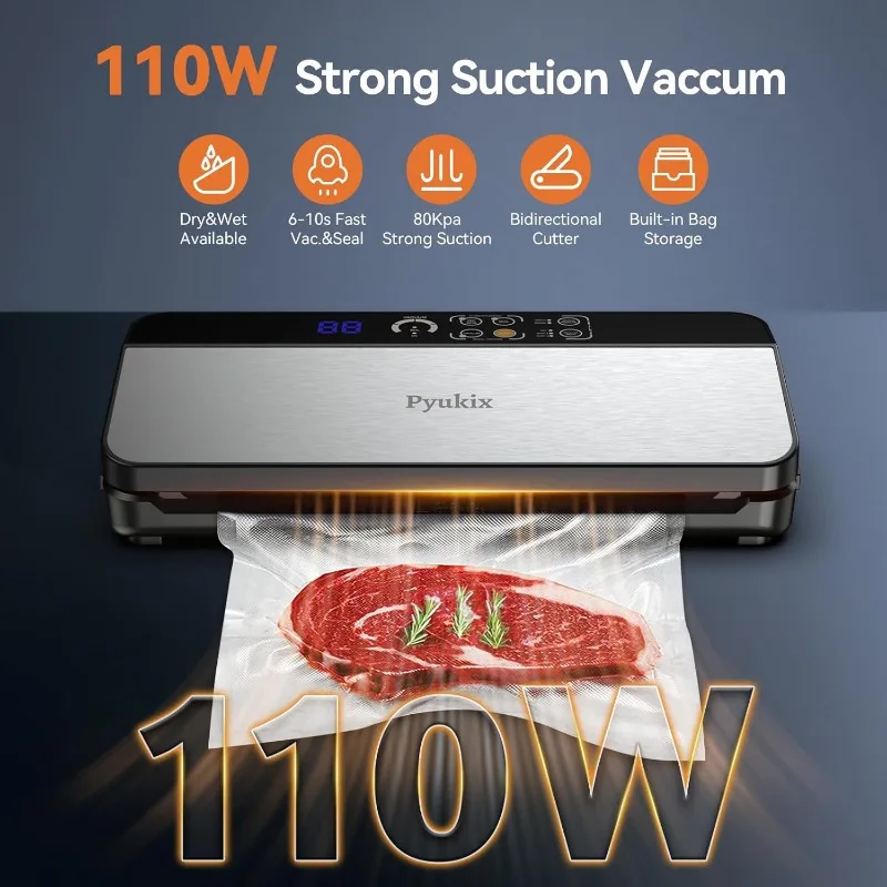 Vacuum sealer, food sealer 80KPA automatic 8 in 1, for food preservation in dry/wet mode, and storage, 11 vacuum bags