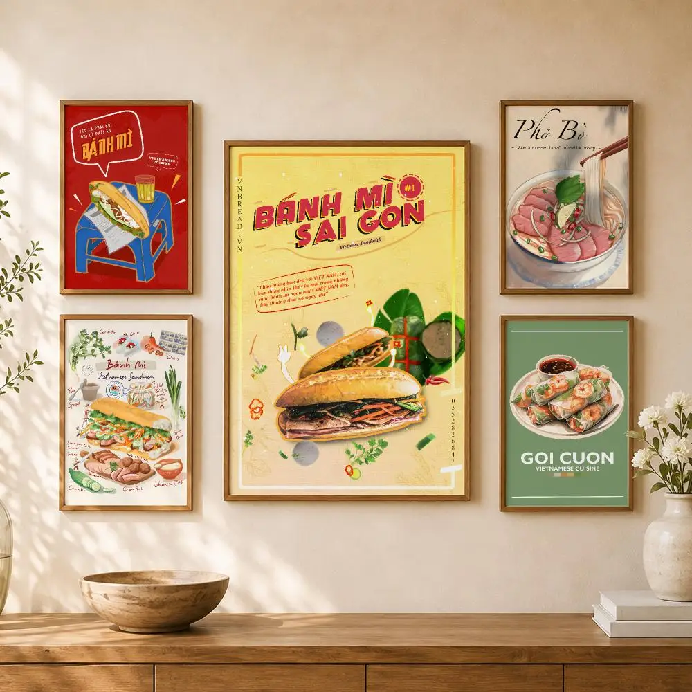 Food Vietnamese Banh Mi Pho Street Eats Poster PP Self Adhesive Home Garage Dorm Bar Wall Decor Aesthetic Retro Gift