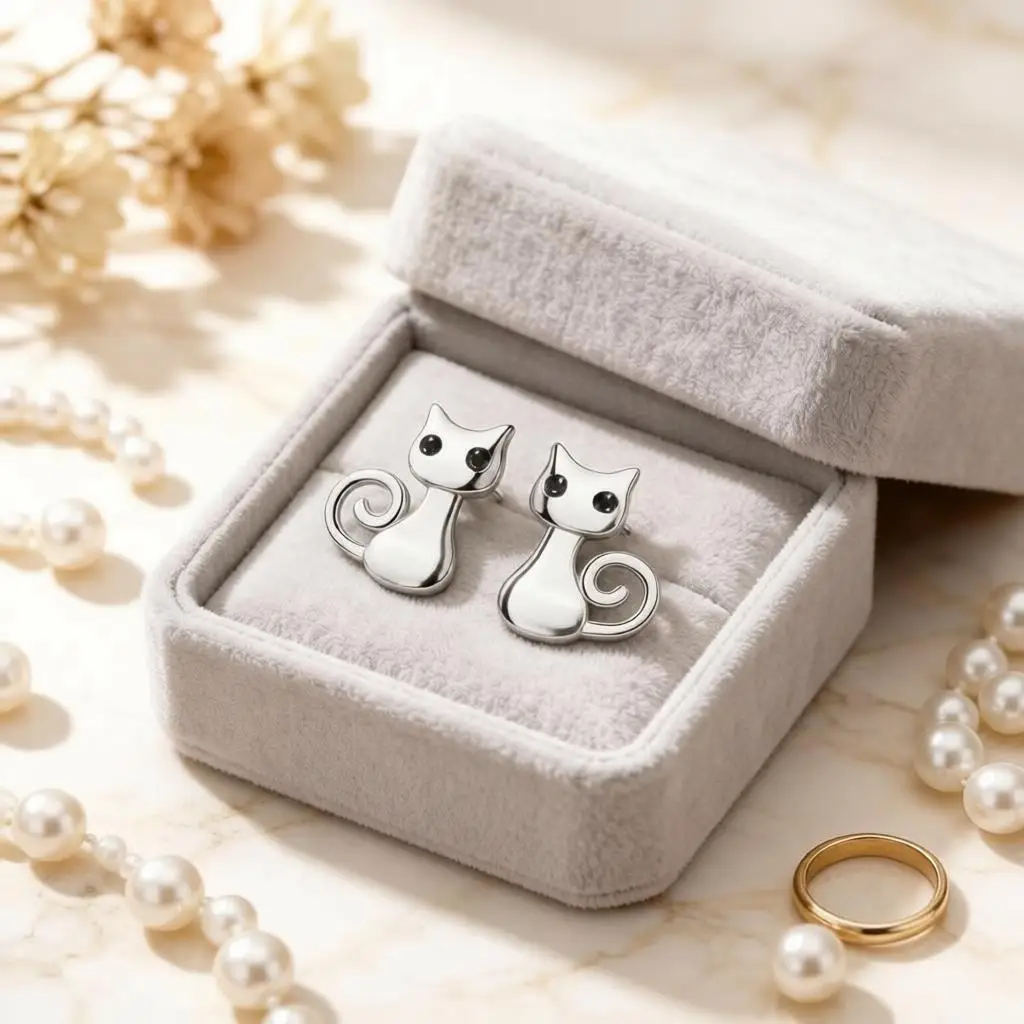 Cute Sweet 925 Sterling Silver Little Cat Shape Stud Earrings for Women Girls Anniversary Wedding Party Fashion Jewelry Gifts
