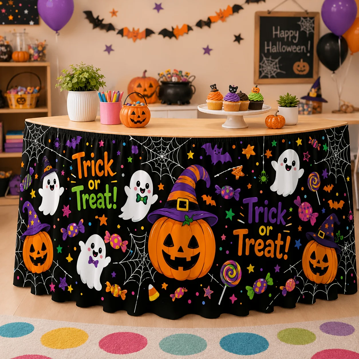 1 piece of tablecloth or table skirt, black background, cute cartoon Halloween table skirt, pig head lamp, pumpkinzyc