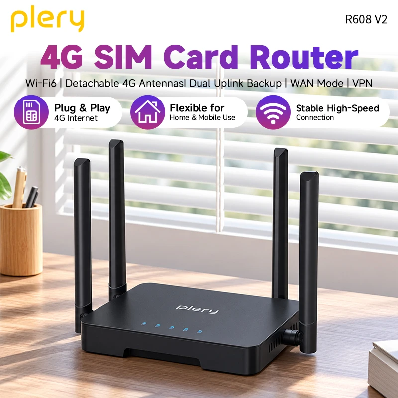 PLERY WiFi6 4G LTE Router 300Mbps Home Office Wireless Antenna Signal Booster with SIM Card Support Home Office WiFi Modem