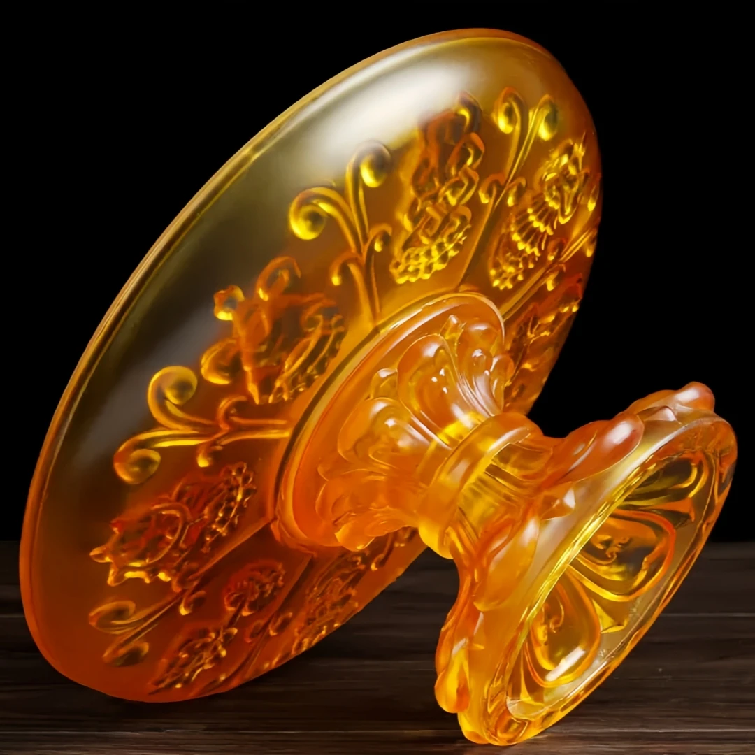 Amber Crystal Offering Plate, Tibetan Buddhist Altar Fruit Tray with Eight Auspicious Symbols, Decorative Resin Bowl