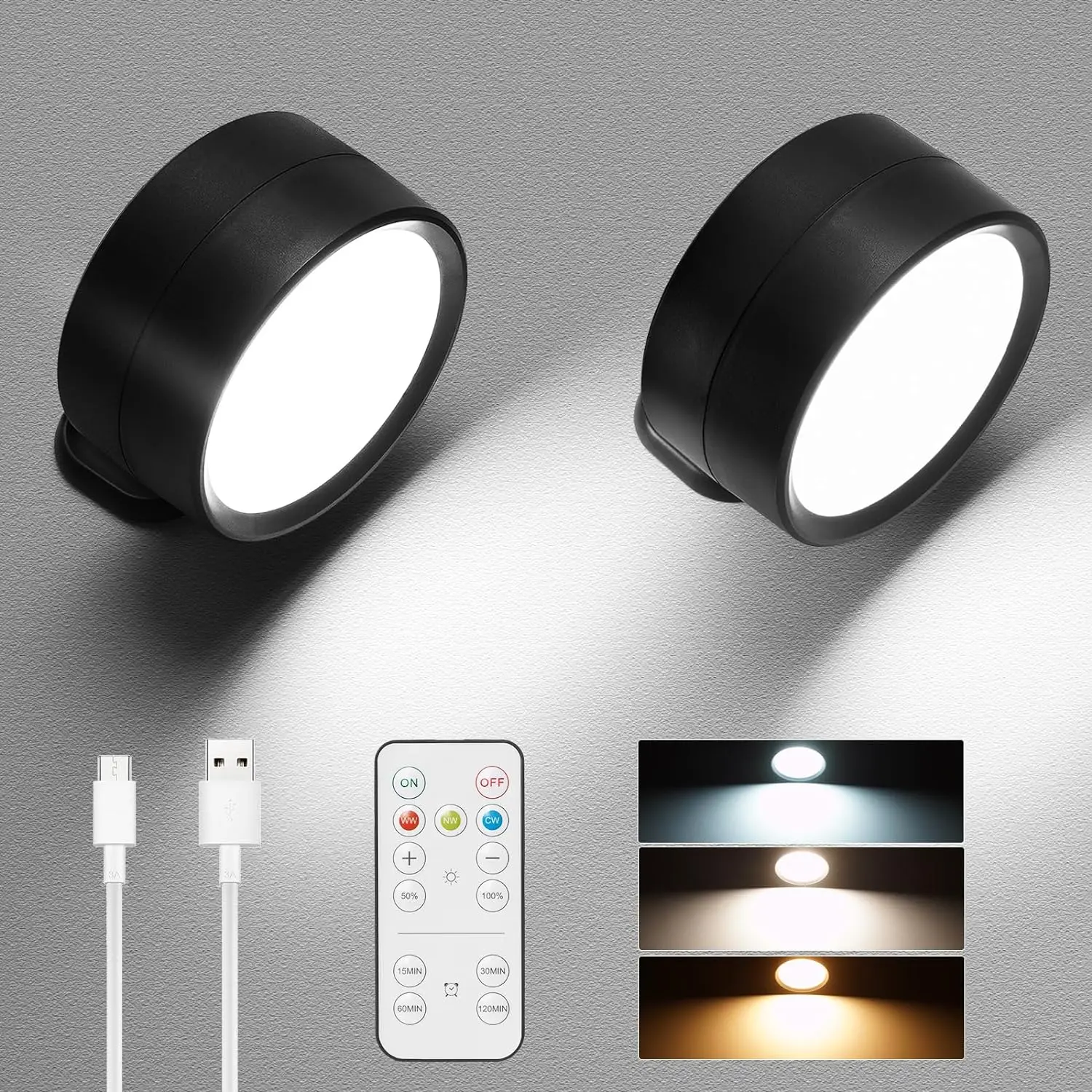 LED Wall Sconces light, 3 Brightness Levels 3 Color Modes Wall Lights Battery Operated 360° Rotatable Touch Control Wall lamp