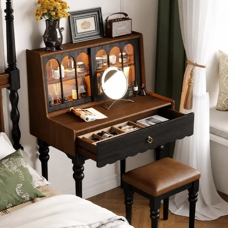 Narrow Retro Dressing Table for Small Bedroom Solid Wood Storage Vanity Desk Simple Light Luxury Makeup Table with Drawers