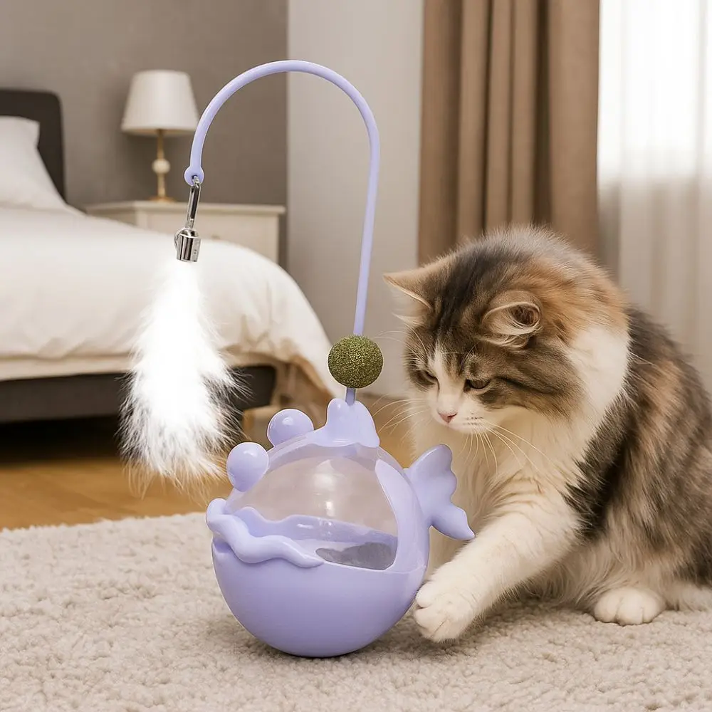 

Fish Shape Cat Leakage Food Toy Tumbler Plastic Interactive Cat Toy with Bells with Feathers Cat Treat Dispenser Indoor