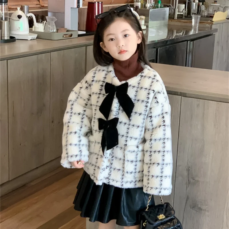 

Girls Coat Jacket Winter Cotton Windbreak 2023 Bow Warm Plus Thicken Furs Overcoat Teenagers Formal Children's Clothing