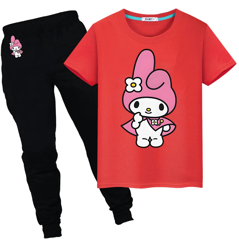 

Sanrio Summer Sports Sets Print 100%Cotton Cute T-shirt Short+pant Melody Tshirts Kawaii Tops kid holiday gift boy girls clothes