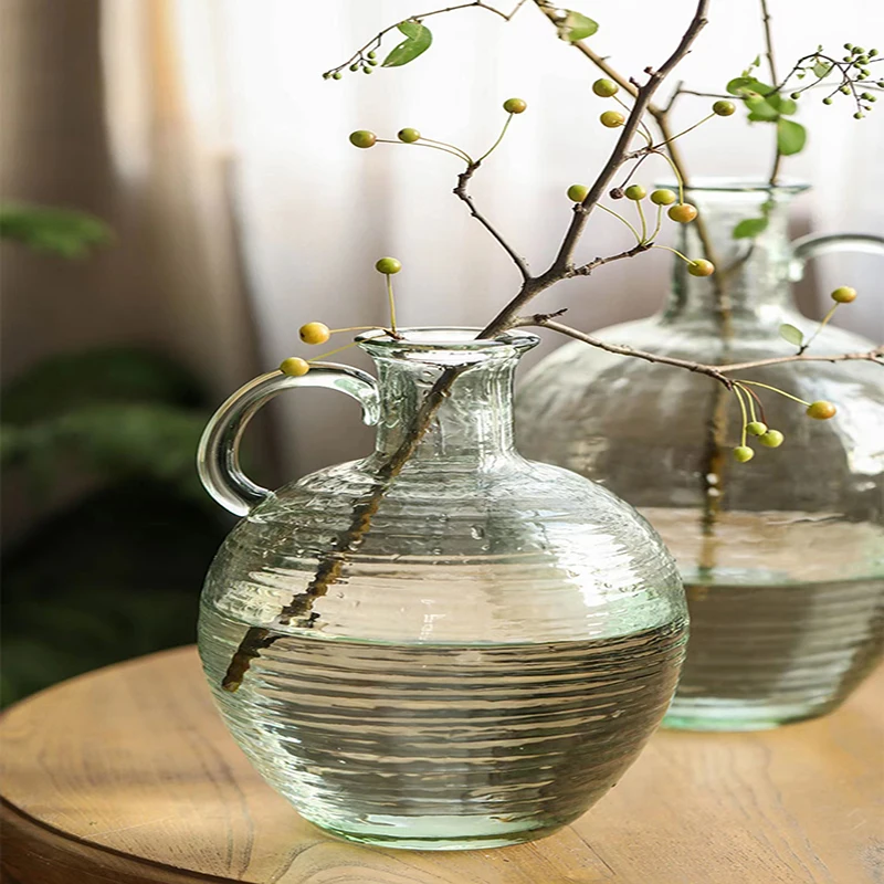 Green Single Ear Fine Mouth Clear Glass Vase Bell Ma Zuimu  New Decoration Living Room Table Flower Arranger Retro Nostalgia