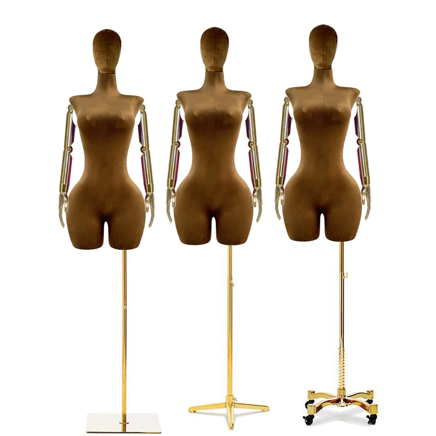 Brown Fiberglass Half Body Bbl Mannequin Curvy Dress Form Manikin Leg Plus Size Mannequin Woman Big Butt Mannequin with Gold Arm