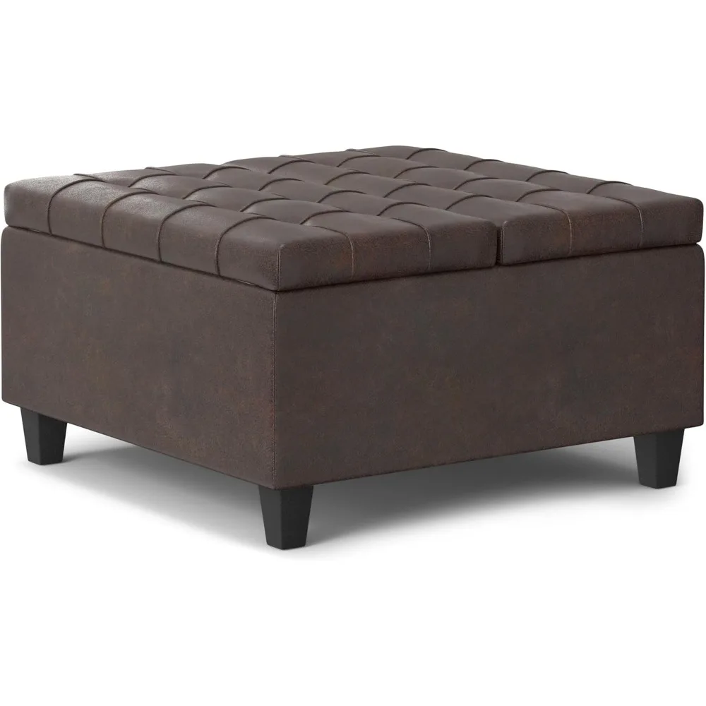 Harrison 30 Inch Wide Transitional Square Small Coffee Table Storage Ottoman In Distressed Brown Vegan Faux Leather, Assembled,