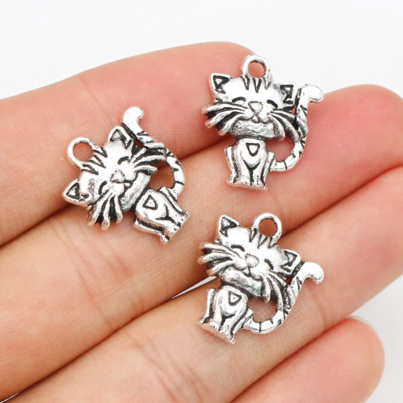 15pcs 19*17mm Antique Silver Plated Lovely Cat Handmade Charms Pendant:DIY for bracelet necklace