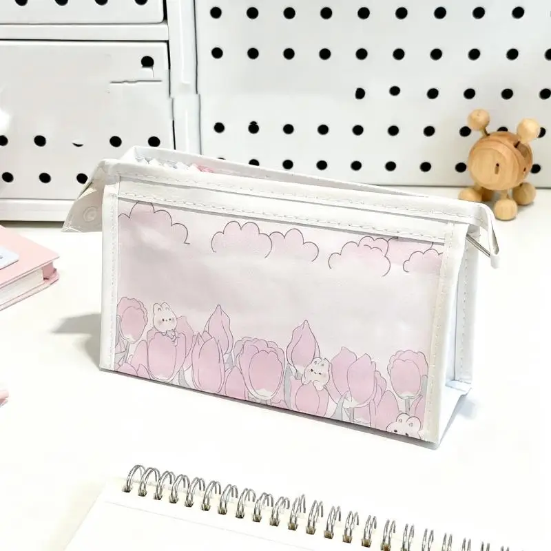 Cute Sweet Tulip Flower PU Pencil Case Large Capacity Stationery Bag Simple Multifunctional Waterproof Portable Storage Bag