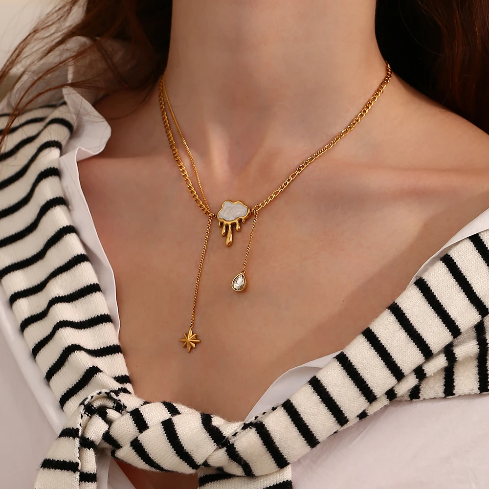 E.B.belle  Double Layers Shell Cloud Tassel Necklace Gold White Color Hypoallergenic Stainless Steel Jewelry For Fashion Women