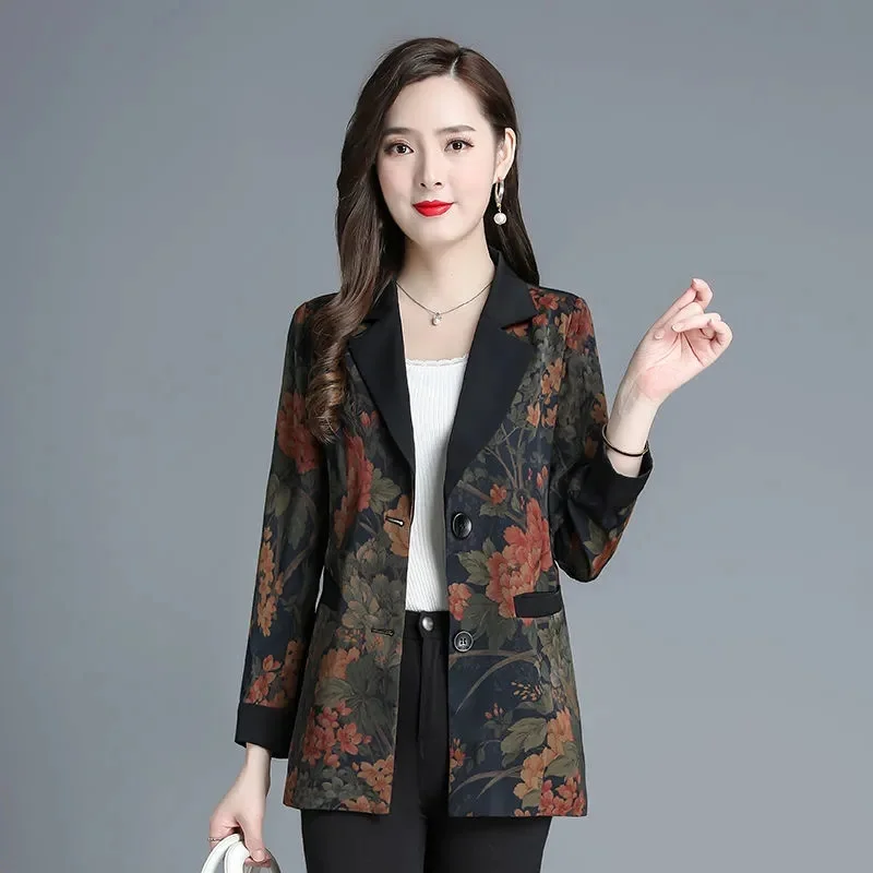 Autumn Women Long Sleeves Blazer Jacket Korean High-grade Ladies Noble Silk Suit Coat 2025 Female Fashion Large Size 5XL Tops