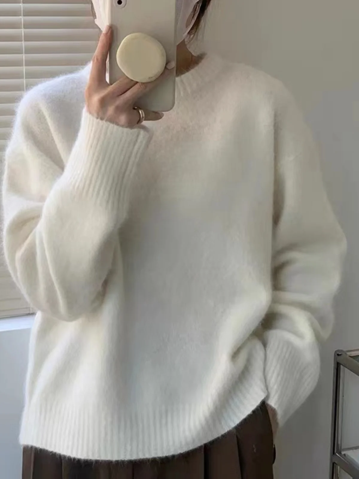 

Soft Milk Blue Long Sve Loose Knitted Sweater Comfortable Lazy Sle Japanese Retro Forest System Women's Crew Ne Sweater