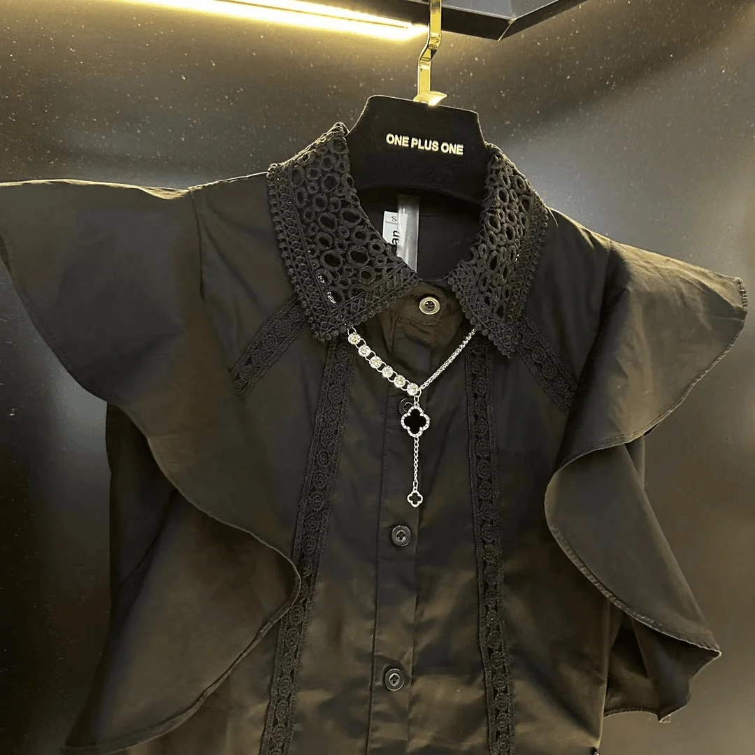 Camisa con volantes empalmados de encaje sensual en verano, nuevo estilo de moda, Top ajustado versátil que abraza la cintura