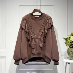 lace patchwork pullovers women fashion design casual loose tops 2024 spring autumn trend solid pullover vintage top y2k clothes