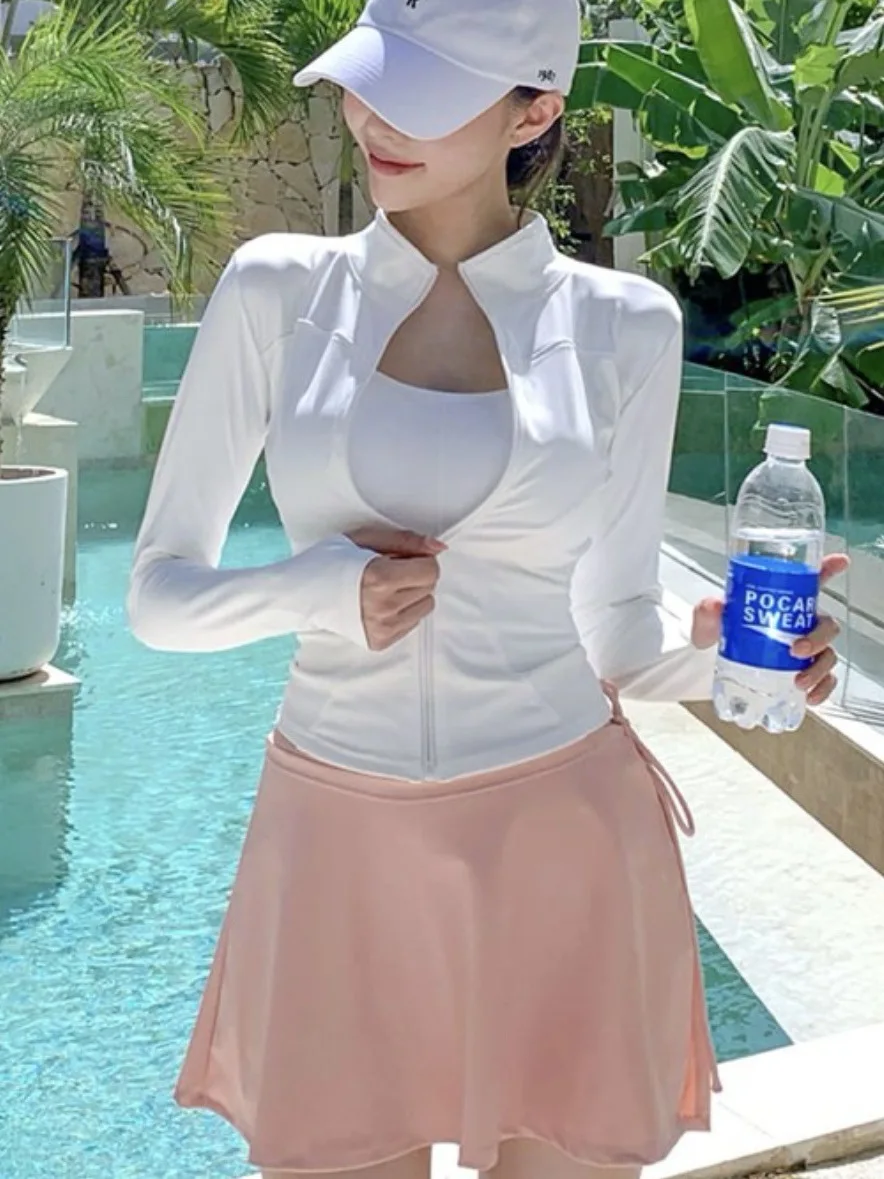 

Новый корейский купальник-бикини с длинным рукавом и юбкой для защиты от солнца, сексуальный, простой и модный, раздельный комплект