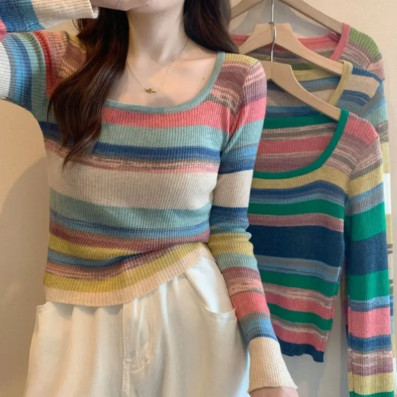 

Rainbow Pullovers Women Long Sleeve Soft Vintage Korean Style Spring Leisure Harajuku Inside Chic New Arrival Slim Knitting Cozy