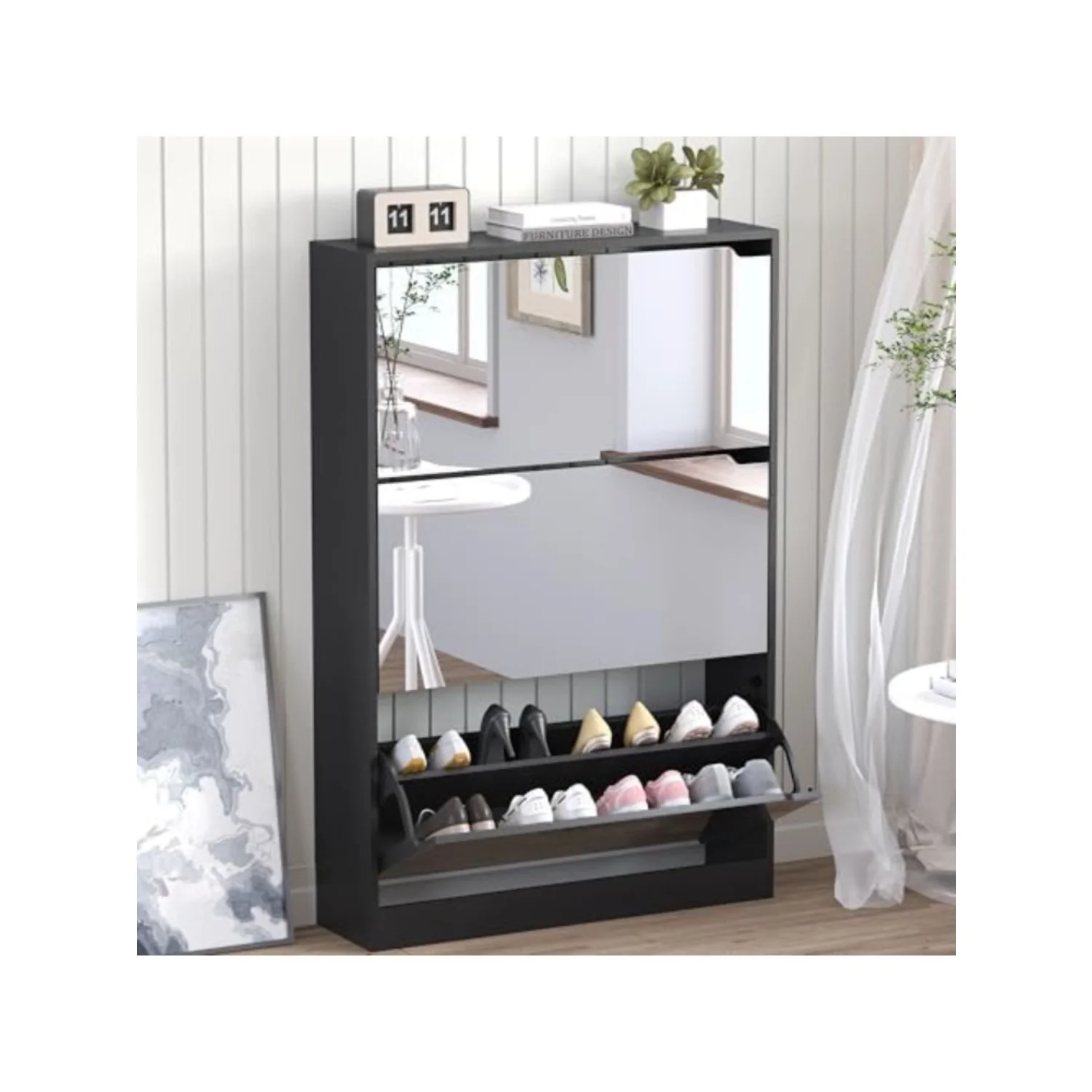 Shoe Cabinet with 3-Flip Mirror Drawers, Freestanding Shoe Rack Organizer with Hidden Handle, Slim Narrow Shoe Storage