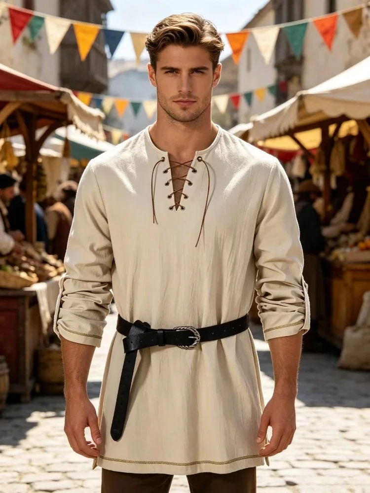 Men Medieval Viking Lace‑Up Tunic Top, Renaissance Pirate Long Sleeve Shirt with Belt, Halloween LARP Cosplay Costume