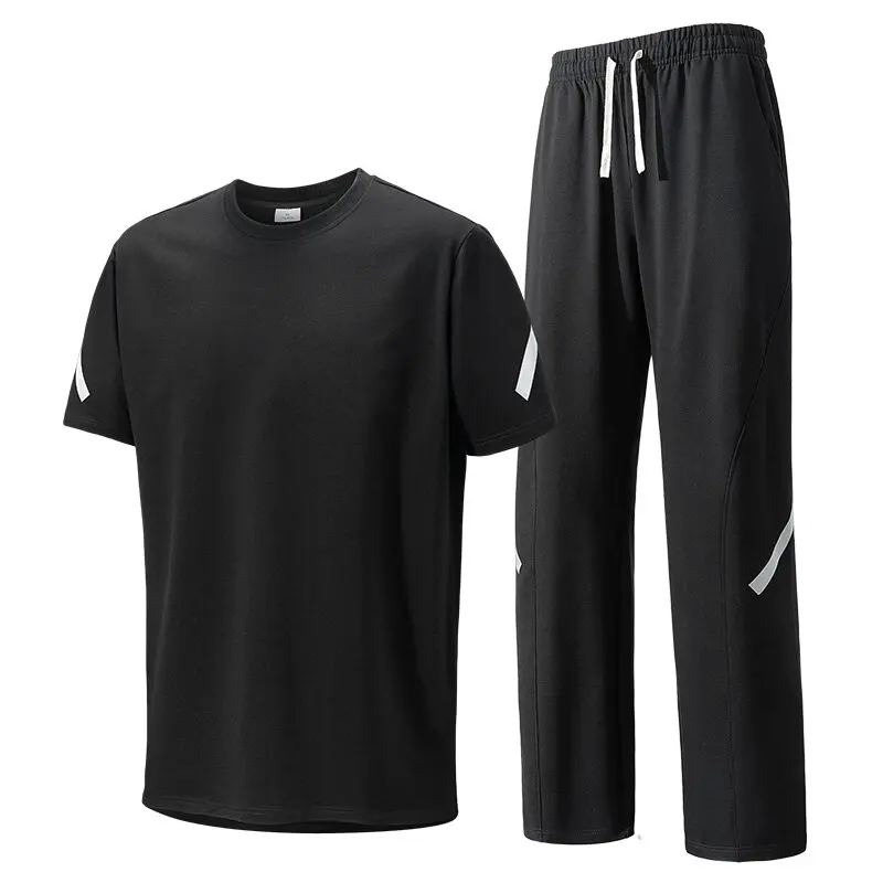 Summer New Fashion Trend Short-Sleeved T-shirt Sports Suit Men Loose Breathable Solid Color Plus Size High-Quality Two-Piece Set