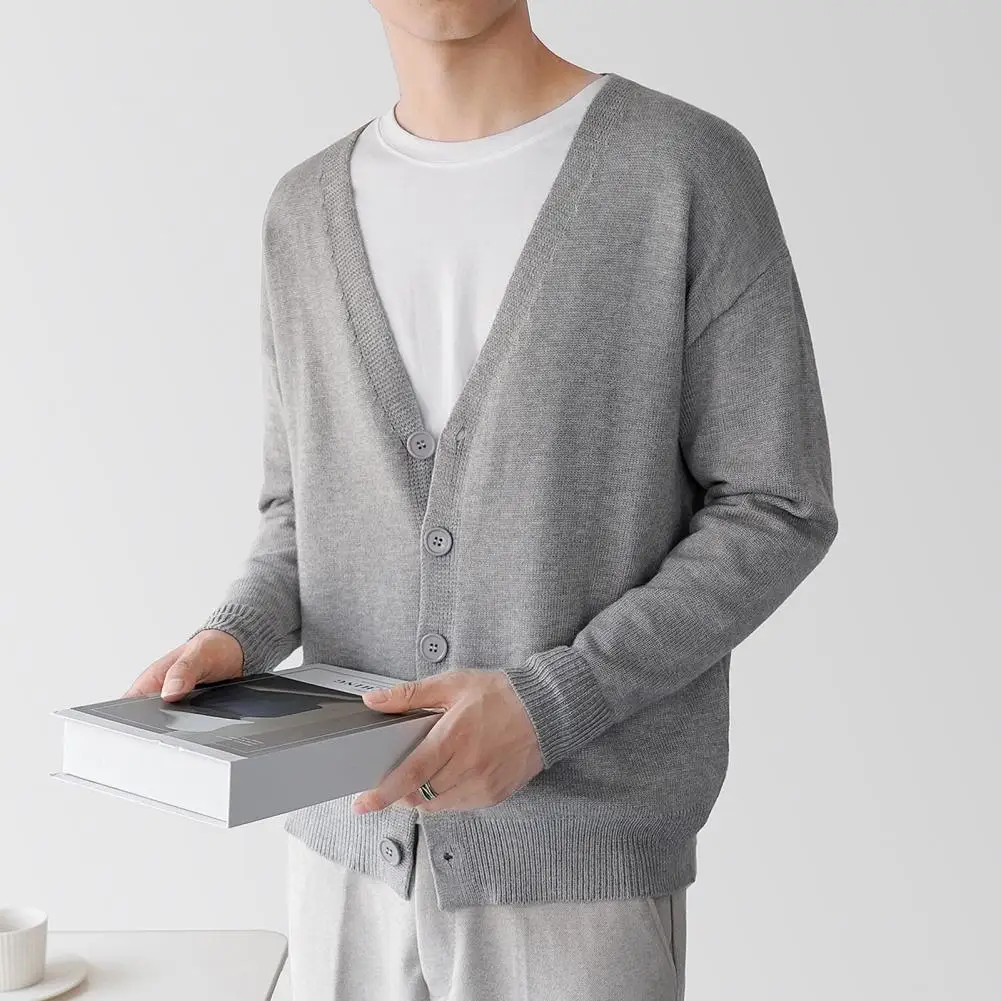 Men Cardigan Long Sleeve V-neck Slim Fit Single-breasted Solid Color Keep Warm Knitwear Spring Autumn Male Sweater Knitted Coat