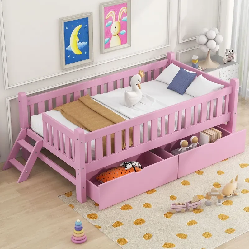 Pink Kids Loft Bed with Storage Drawers and Ladder Space Saving Bedroom Furniture for Children