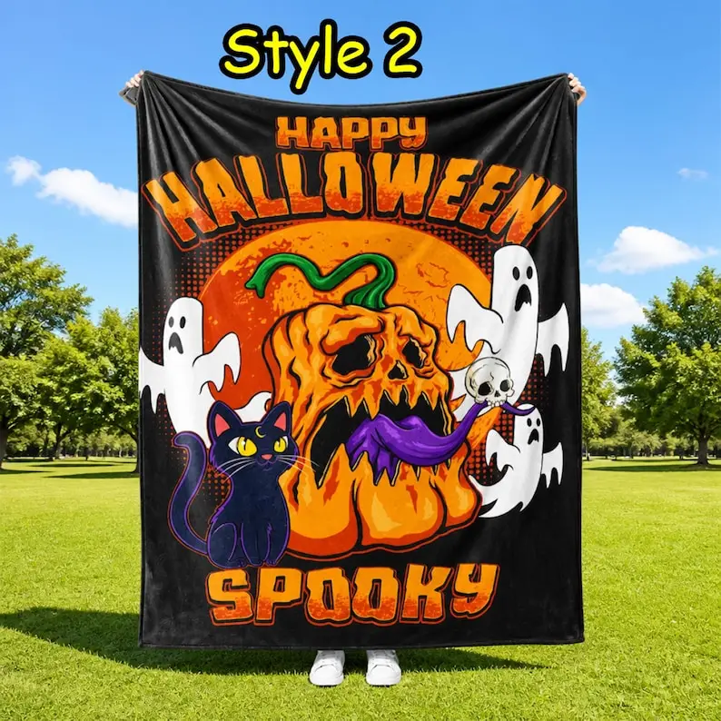 Halloween Flannel Throw BlktSpooky Pumpkin Ghost Witch Blk Cat Haunted Hse Paten Soft Coz Blkt for Sofa Bed Halloween Home Deco Holiday Gift