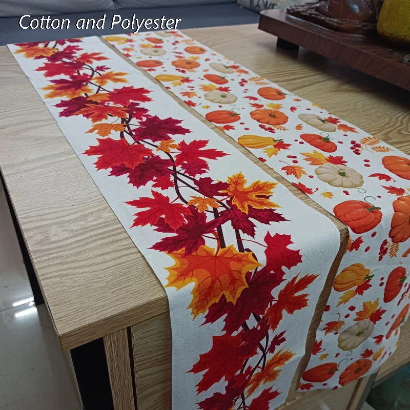 

Table decoration and accessories Linen printed Table Runner Thanksgiving maple leaf pumpkin table flag cloth cover tablecloth